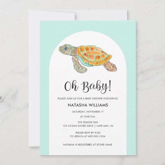 Invitation Baby Shower Tortue de Mer Vert Menthe (Devant)
