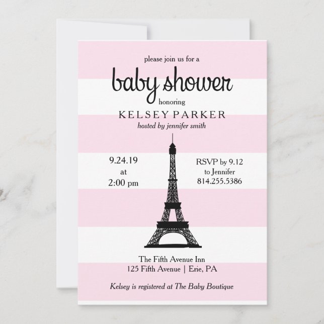 Invitation Baby shower Tour Eiffel Paris rose (Devant)
