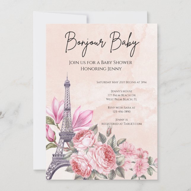 Invitation Baby shower Tour Eiffel Paris rose (Devant)