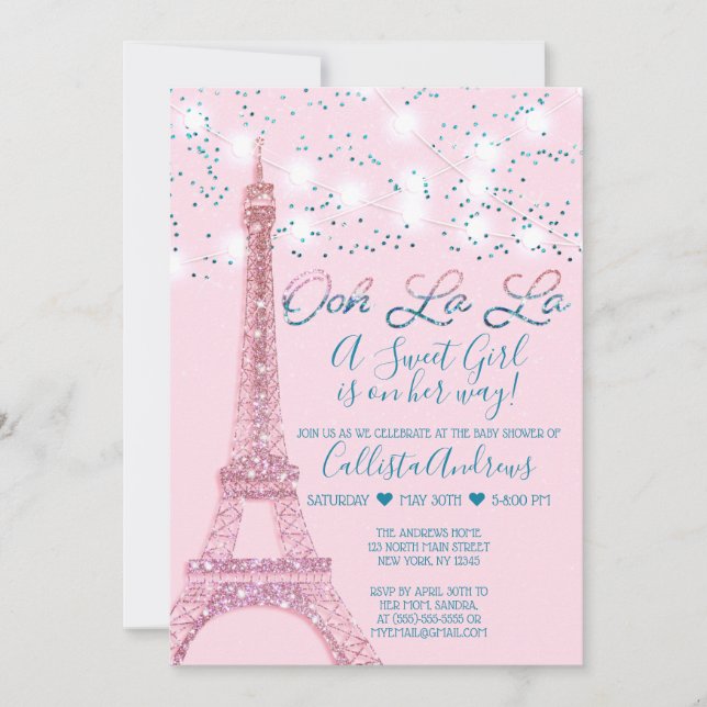 Invitation Baby shower Tour Eiffel Tour Pink Paris Lumières (Devant)