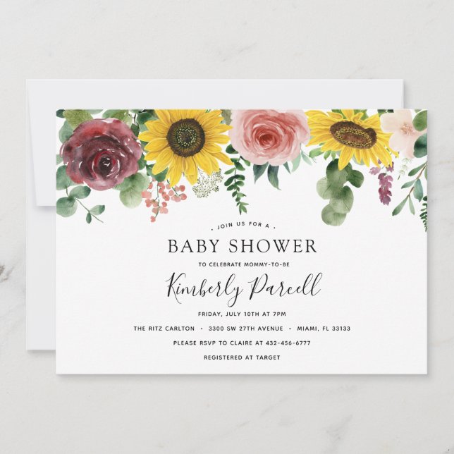 Invitation Baby shower tournesol et Rose (Devant)