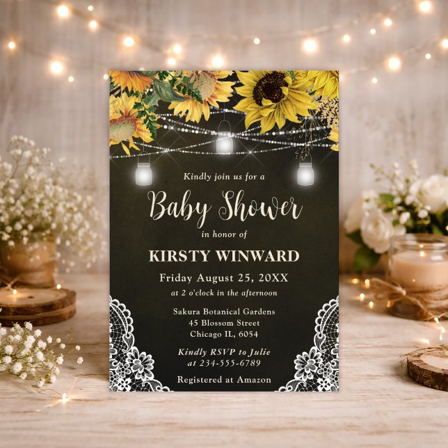 Invitation Baby Shower Tournesol Rustique et Lumières de Pot  (Créateur téléchargé)