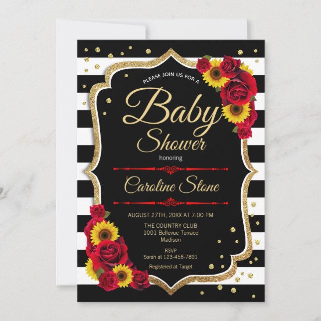 Invitation Baby shower - Tournesols Rose noir blanc rayures (Devant)