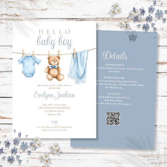 Invitation Baby shower Tout en un (Blue Boy Clothesline Baby Shower All In One Invitation)