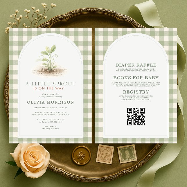 Invitation Baby Shower Tout en Un Petite Pousse Gingham Vert (Créateur téléchargé)