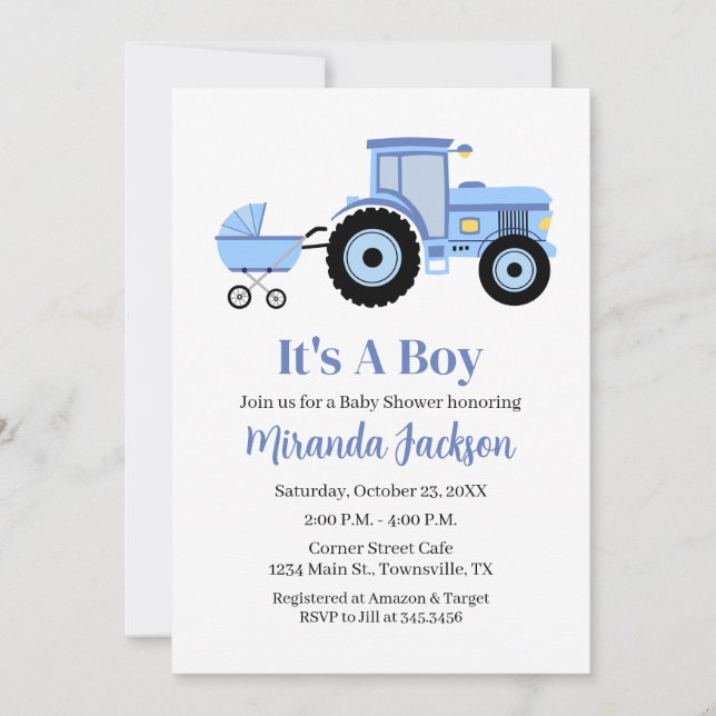Invitation Baby Shower Tracteur Bleu (Devant)