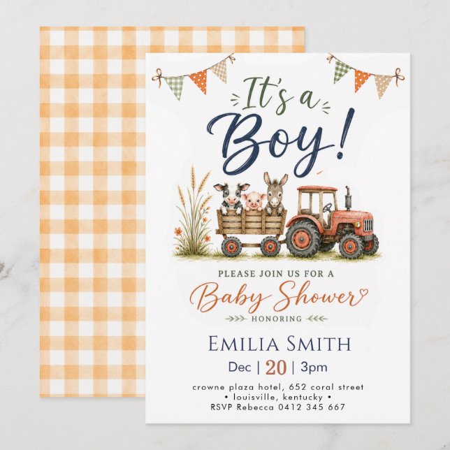 Invitation Baby Shower Tracteur de Ferme (Devant / Derrière)