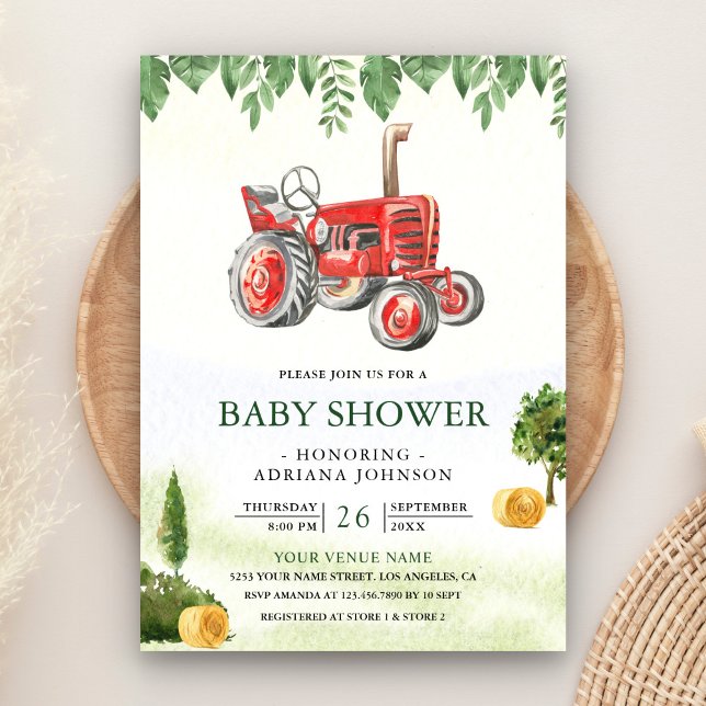Invitation Baby Shower Tracteur Rouge Rustique de Ferme (Créateur téléchargé)