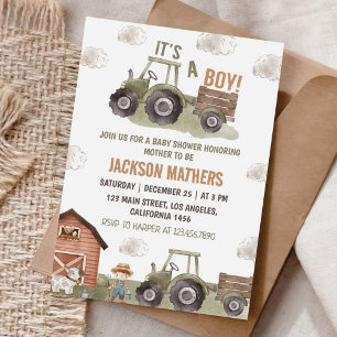 Invitation Baby shower tracteur vert agricole