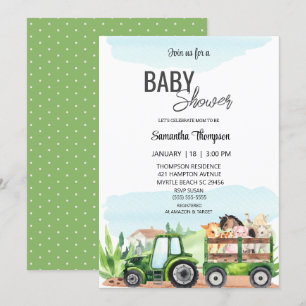 Invitation Baby shower tracteur vert pour animaux de ferme