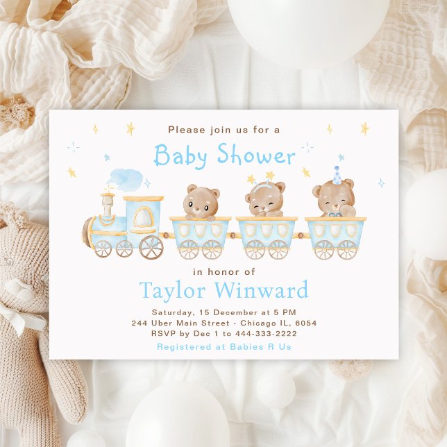 Invitation Baby Shower Train Bleu Ours (Créateur téléchargé)