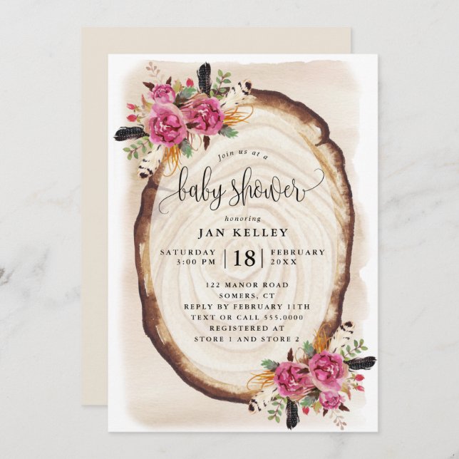 Invitation Baby shower, tranche de bois rose floral (Devant / Derrière)