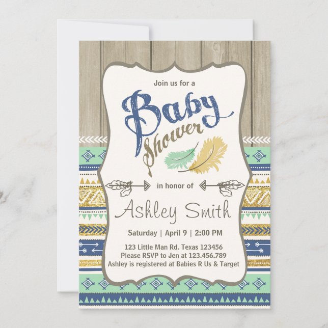 Invitation Baby shower tribal Baby shower russe Gold Blue (Devant)