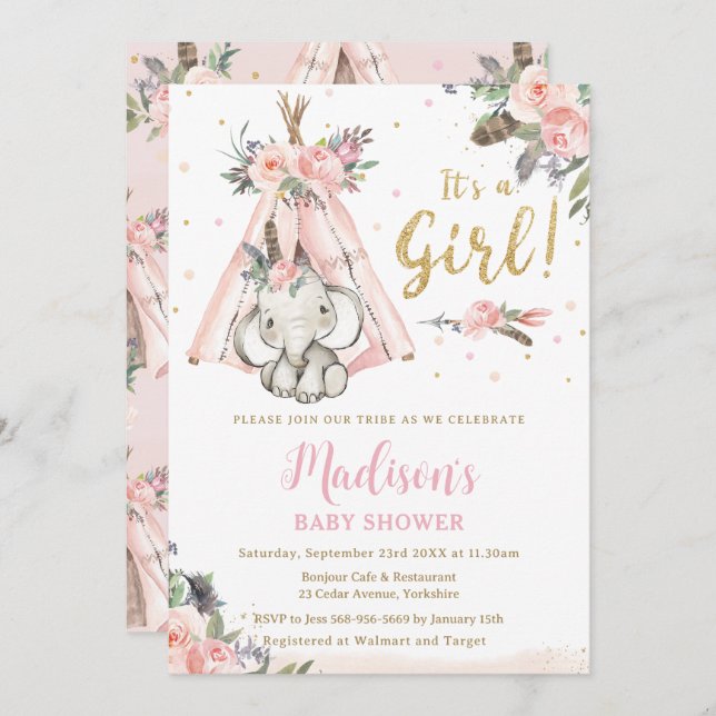 Invitation Baby shower tribal Boho Elephant rose fille (Devant / Derrière)