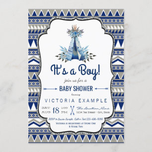 Invitation Baby shower tribal de Boho de garçons de gris bleu