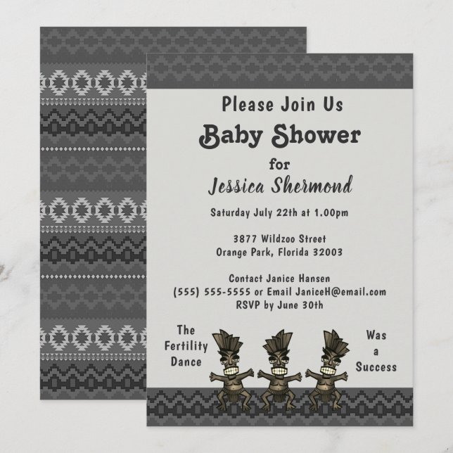 Invitation Baby shower tribal Gris Danse Abstraite de fertili (Devant / Derrière)