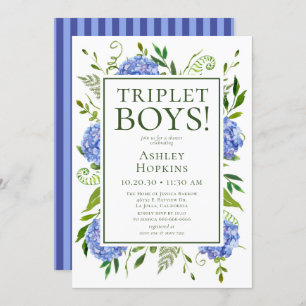 Invitation Baby shower Triplet Boys Blue Hydrangeas