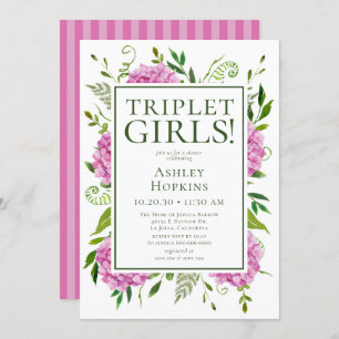 Invitation Baby shower Triplet Girls Pink Hydrangeas