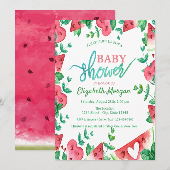 Invitation Baby Shower Tropical à la Pastèque (Devant / Derrière)