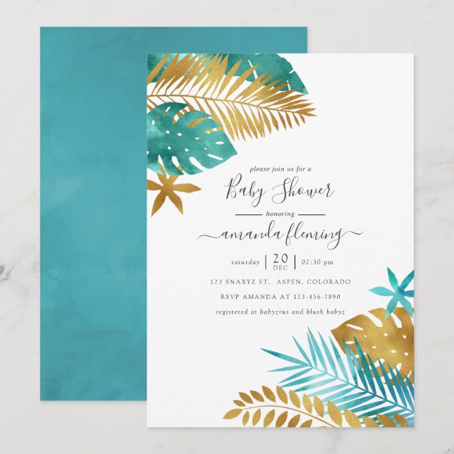 Invitation Baby Shower Tropical Bleu Canard et Or (Devant / Derrière)