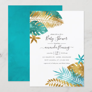 Invitation Baby Shower Tropical Bleu Canard et Or