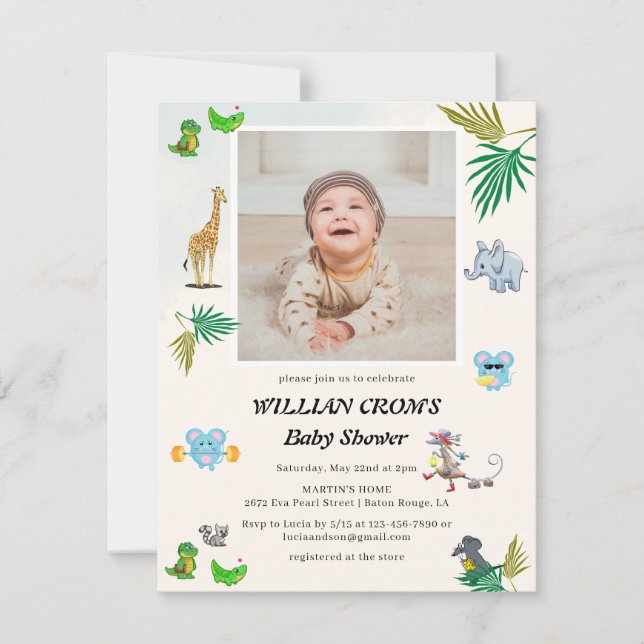 Invitation Baby shower tropical d'animaux de la forêt verte (Devant)