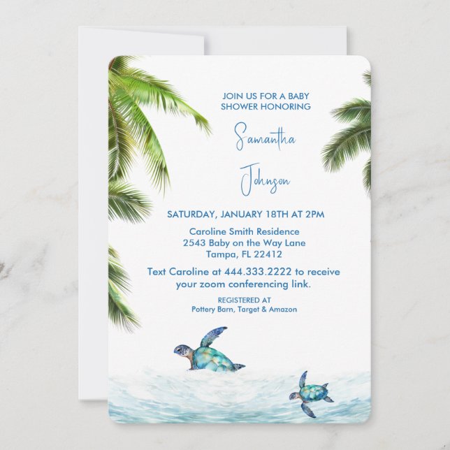 Invitation Baby shower tropical de la tortue de mer de Cobalt (Devant)