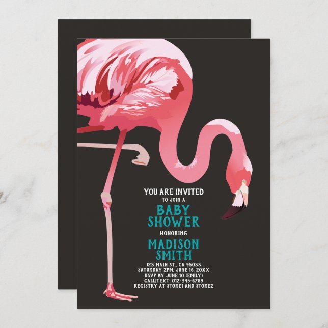 Invitation Baby shower tropical Flamant rose mignon (Devant / Derrière)
