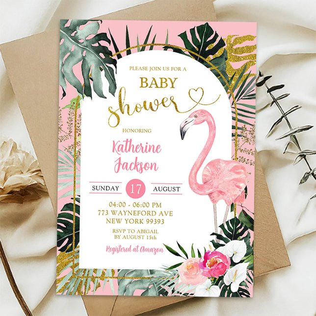 Invitation Baby Shower Tropical Flamingo Monstera Rose (Créateur téléchargé)