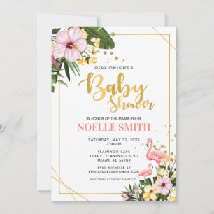 Invitation Baby shower Tropical Floral Gold Flamant rose