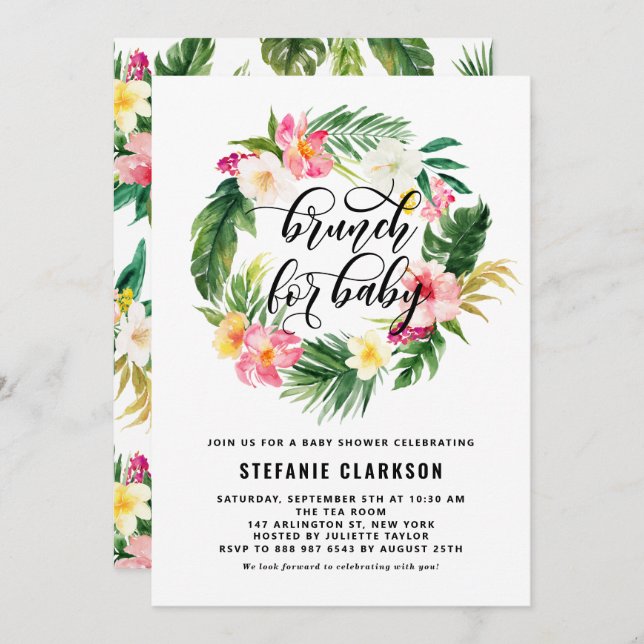 Invitation Baby shower Tropical Floral Wreath Brunch (Devant / Derrière)