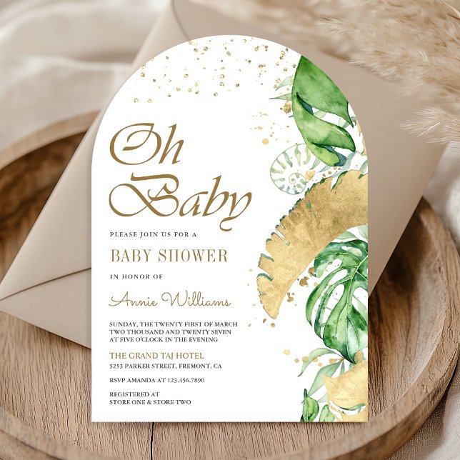 Invitation Baby shower Tropical Gold Monstera Palm Arch (Créateur téléchargé)