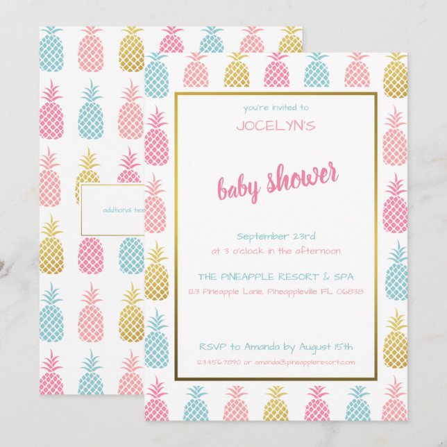 Invitation Baby Shower Tropical Moderne et Chic Ananas (Devant / Derrière)