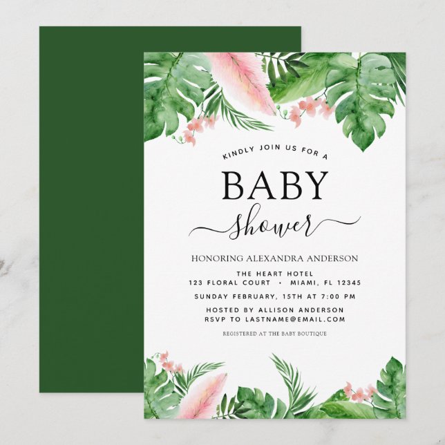 Invitation Baby shower Tropical Palm Floral Aquarelle (Devant / Derrière)