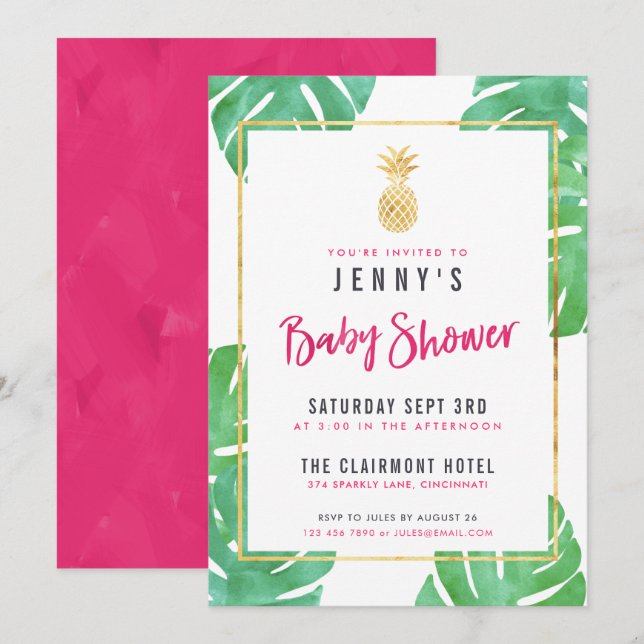 Invitation Baby shower tropical rose & ananas or (Devant / Derrière)