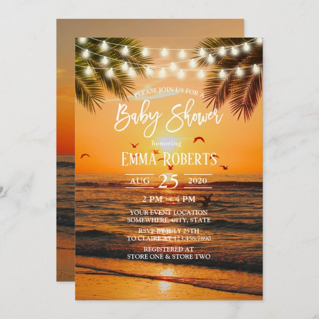 Invitation Baby shower Tropical Sunset Palm Beach (Devant / Derrière)