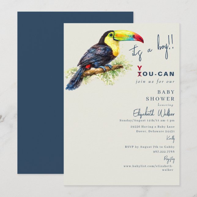 Invitation Baby-Shower Tropical Toucan (Devant / Derrière)