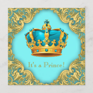 Invitation Baby shower turquoise Blue et Gold Prince