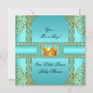 Invitation Baby shower Turquoise Blue Gold Boy Prince Crown