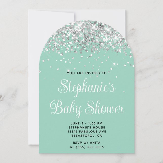 Invitation Baby Shower Turquoise Clair Pailleté Argent (Devant)