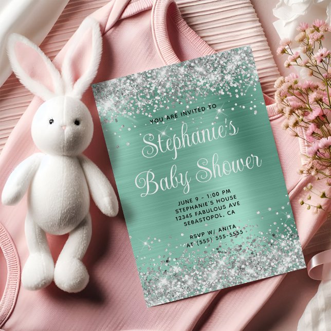 Invitation Baby Shower Turquoise Clair Pailleté Argent (Silver Glitter Light Teal Baby Shower Invitation)
