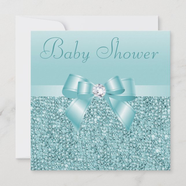 Invitation Baby shower turquoise de paillettes, d'arc et de (Devant)