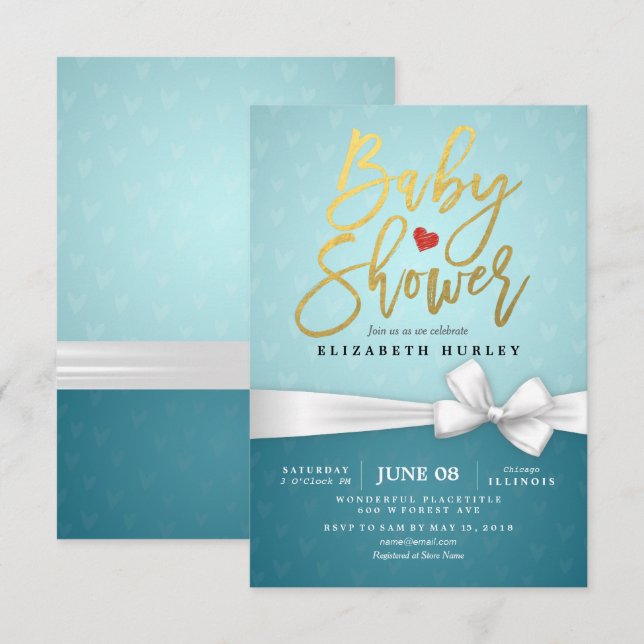 Invitation Baby shower Turquoise de ruban blanc Gold Script (Devant / Derrière)
