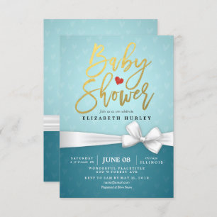 Invitation Baby shower Turquoise de ruban blanc Gold Script