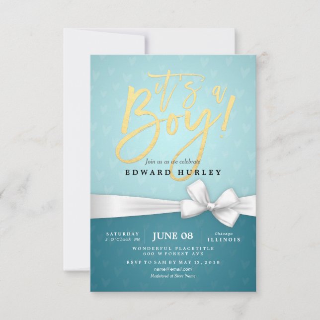 Invitation Baby shower Turquoise de ruban blanc Gold Script (Devant)