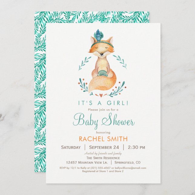 Invitation Baby shower turquoise et Orange Girl Fo (Devant / Derrière)