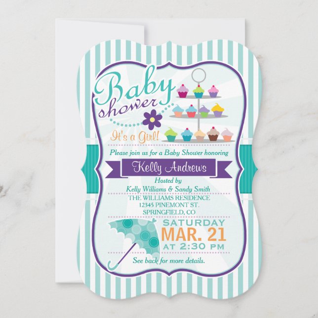 Invitation Baby shower turquoise et violet rétro (Devant)