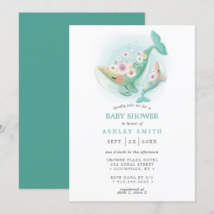 Invitation Baby shower Turquoise Floral Watercolor Whale