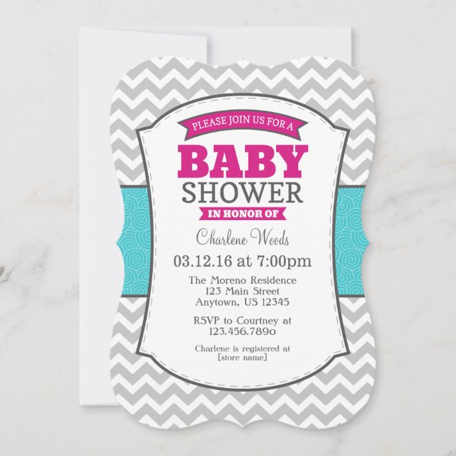 Invitation Baby shower Turquoise Gris Chaud rose (Devant)