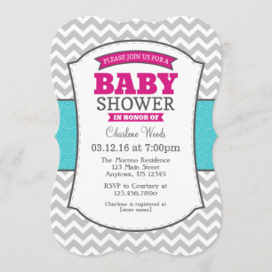 Invitation Baby shower Turquoise Gris Chaud rose